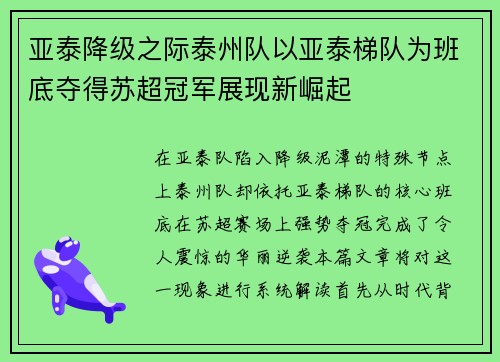 亚泰降级之际泰州队以亚泰梯队为班底夺得苏超冠军展现新崛起